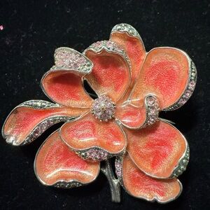 VTG Monet Orange And Pink Floral Brooch With Pink Rhinestones in Silver Setting